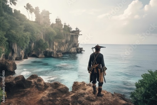 pirate exploring ancient ruins on tropical island, with view of the ocean in the background, created with generative ai