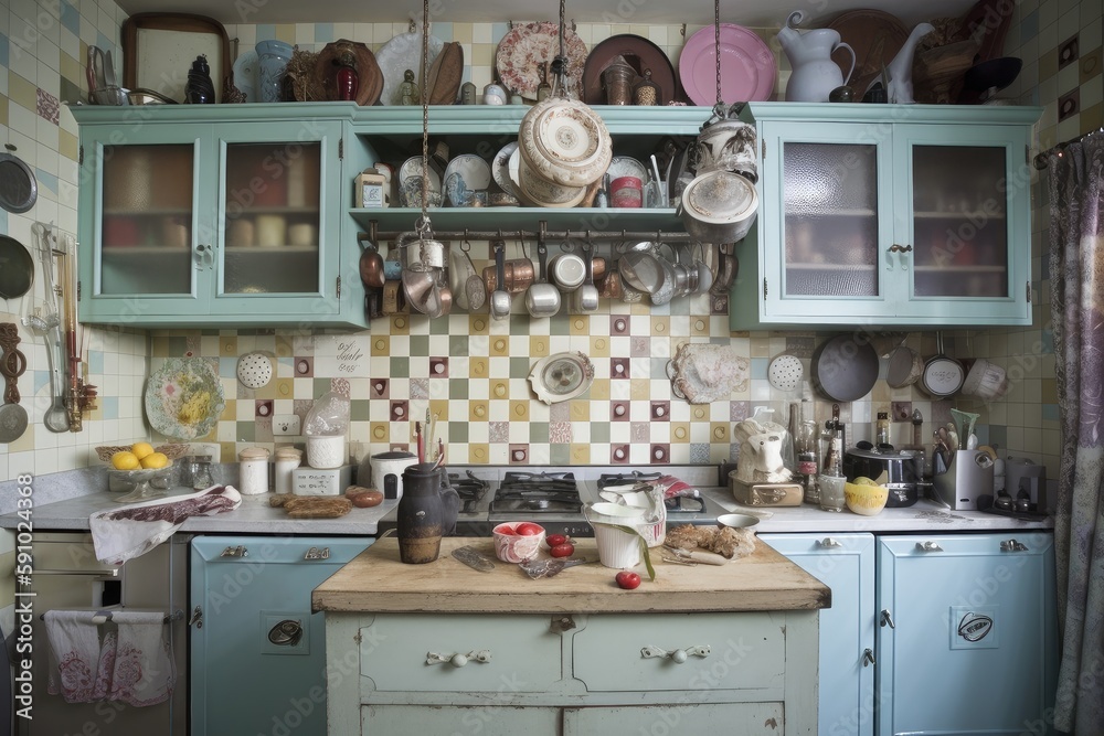shabby chic kitchen, with distressed cabinets, hand-painted ceramic tiles and vintage accessories, created with generative ai shabby chic kitchen, with distressed cabinets, hand-painted ceramic tiles and vintage accessories, created with generative ai