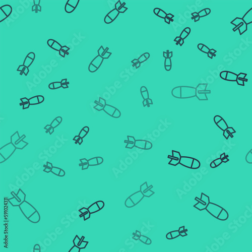 Black line Rocket launcher with missile icon isolated seamless pattern on green background. Vector