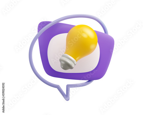 3d icon quick tip. Vector render light bulb in speech bubble. Questions and answers or cartoon illustration isolated on white background. Did you know button photo