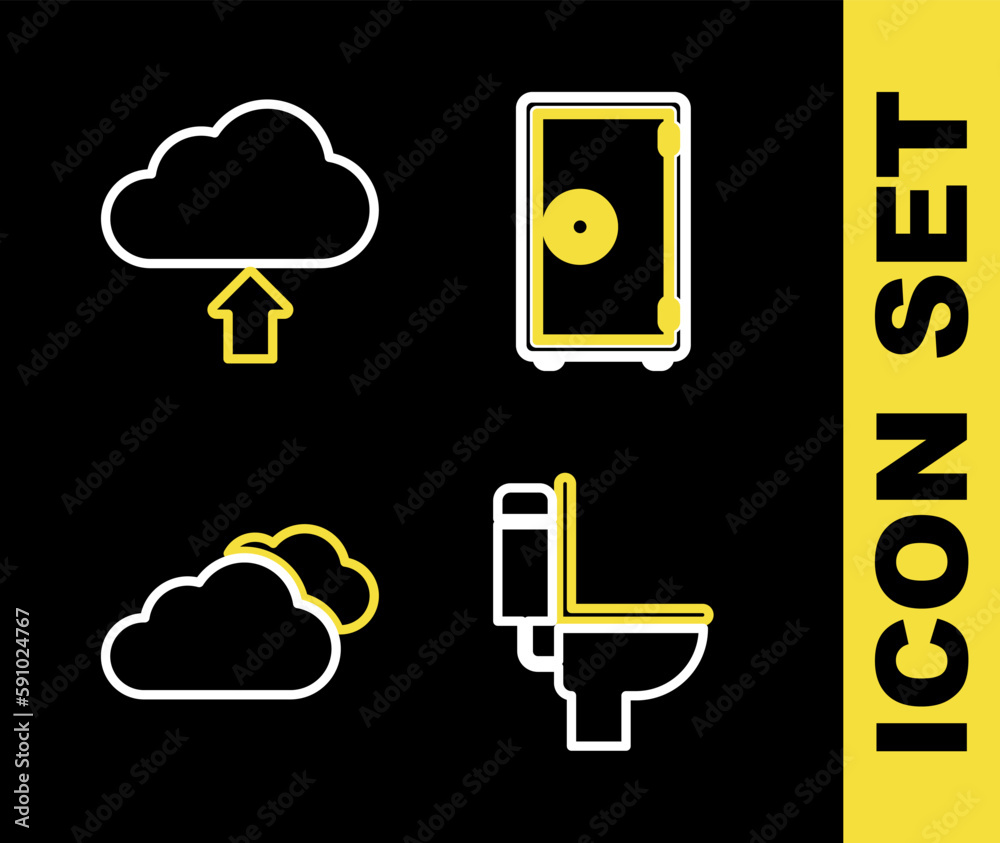 Set line Safe, Toilet bowl, Cloud and upload icon. Vector Set line Safe, Toilet bowl, Cloud and upload icon. Vector