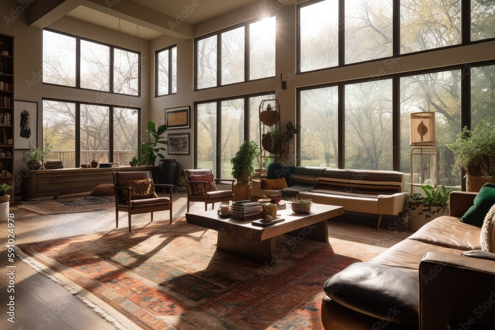 bohemian home with large windows and natural light, bringing in the outdoors, created with generative ai
