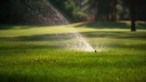 Sprinkler in park spraying water on grass. Generative AI