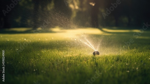 Sprinkler in park spraying water on grass. Generative AI
