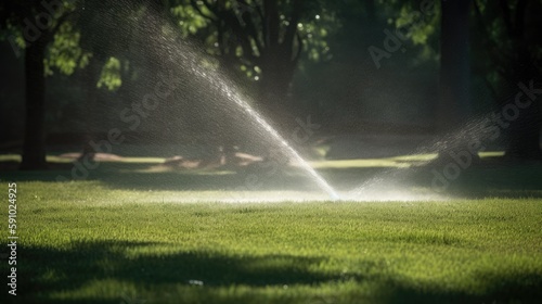 Sprinkler in park spraying water on grass. Generative AI © AdriFerrer