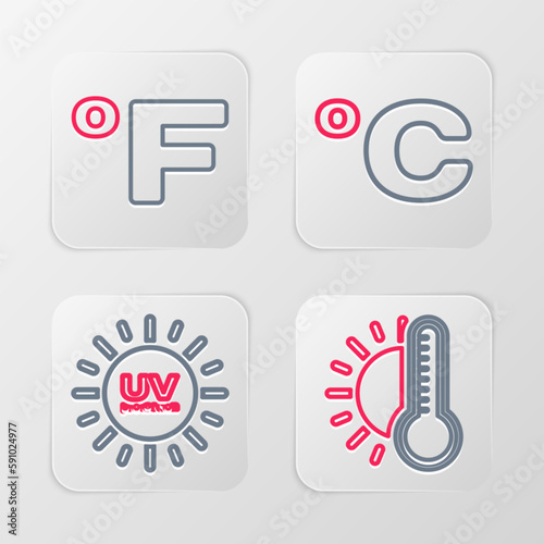 Set line Thermometer with sun, UV protection, Celsius and Fahrenheit icon. Vector