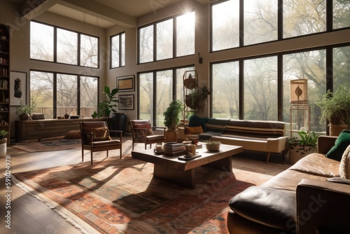 bohemian home with large windows and natural light, bringing in the outdoors, created with generative ai © Natalia