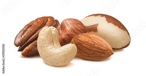 Fresh cashew, almond, pecan, hazelnut and brazil nut isolated on white background