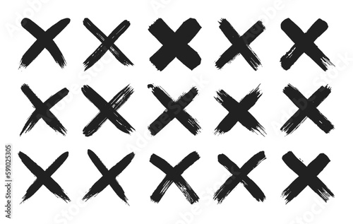 Dirty grunge hand drawn with brush strokes cross x vector illustration icon set. Cross mark wrong symbol graphic design collection. Check mark symbol NO button for vote in check box, web, etc. photo