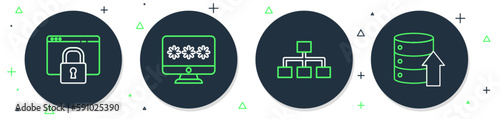 Set line Monitor with password, Hierarchy organogram chart, Secure your site HTTPS, SSL and Server, Data, Web Hosting icon. Vector