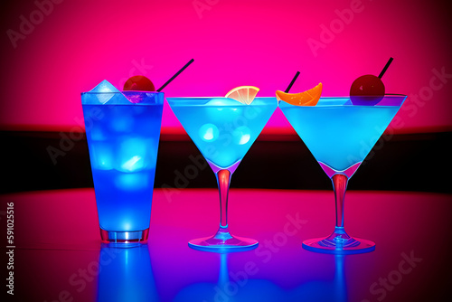 triangular glass with a blue cocktail on a dark background and neon lighting.
