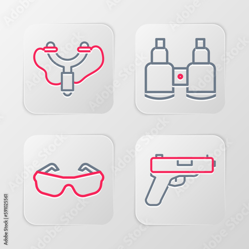 Set line Pistol or gun  Glasses  Binoculars and Slingshot icon. Vector