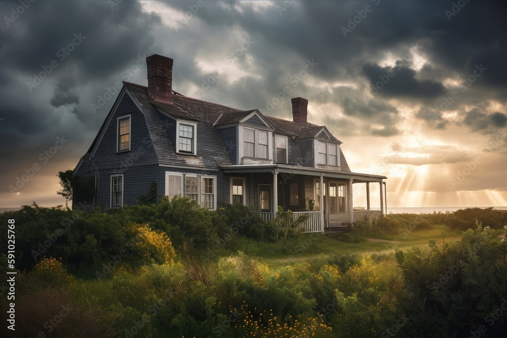 cape cod house exterior, with view of dramatic stormy sky, created with generative ai