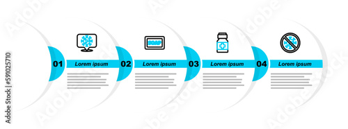Set line Stop virus, Medicine bottle and pills, Bar of soap and Corona on location icon. Vector