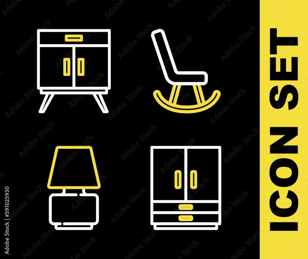Set line Armchair, Wardrobe, Table lamp and Chest of drawers icon. Vector Set line Armchair, Wardrobe, Table lamp and Chest of drawers icon. Vector