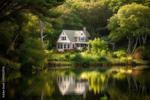 cape cod house surrounded by lush foliage on the shore of a tranquil lake, created with generative ai