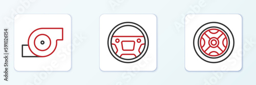 Set line Car wheel, Automotive turbocharger and Steering icon. Vector