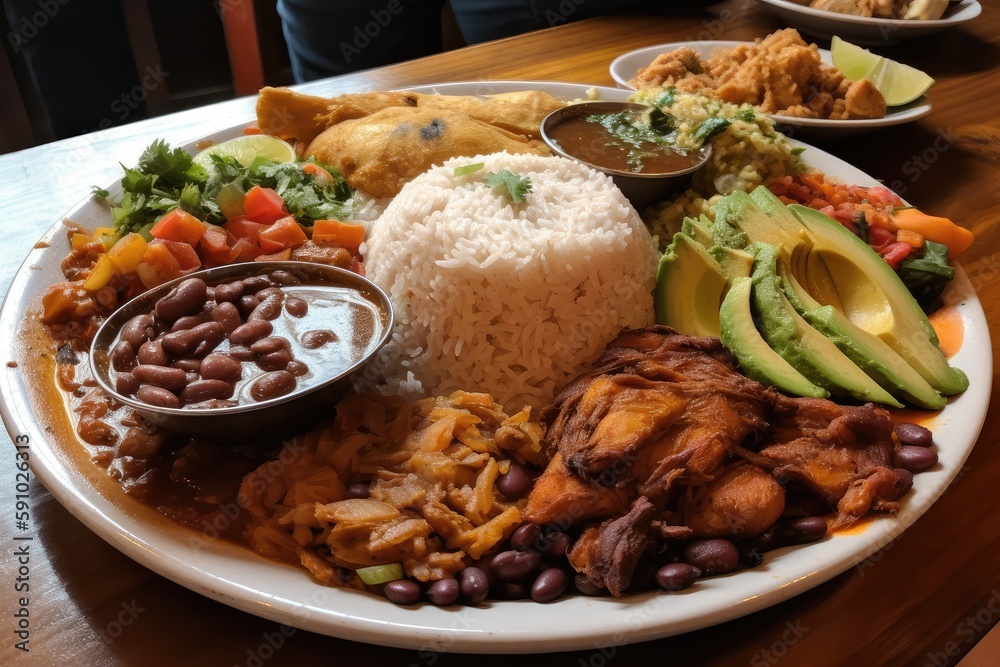 enormous plate of food, overflowing with rice and beans, chicken, and fish, created with generative ai enormous plate of food, overflowing with rice and beans, chicken, and fish, created with generative ai