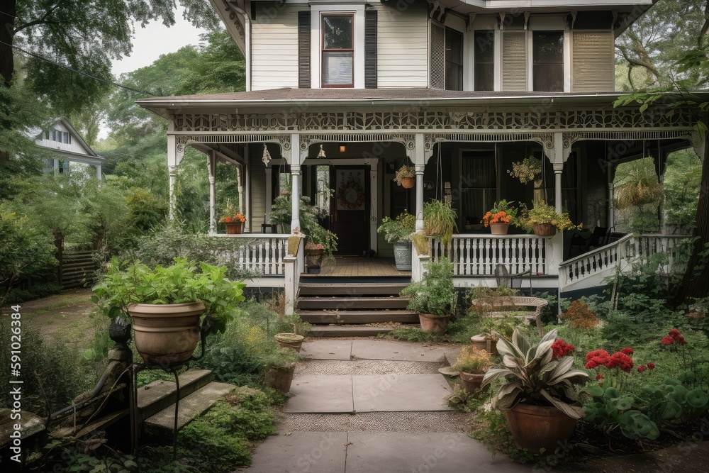 colonia house with wrap-around porch, swing, and flower pots, created with generative ai
