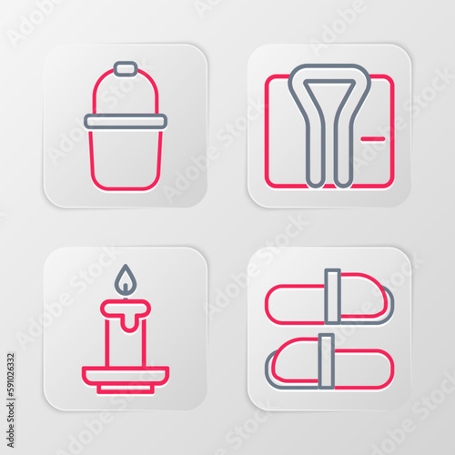 Set line Sauna slippers, Aroma candle, Bathrobe and bucket icon. Vector
