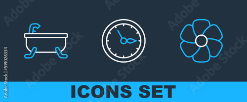 Set line Flower, Bathtub and Sauna clock icon. Vector