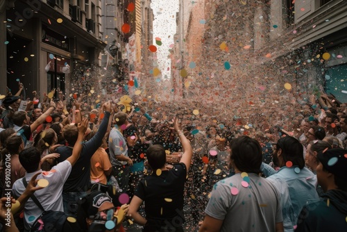 colorful confetti being thrown into the air by crowd of people, created with generative ai