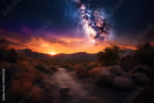 desert landscape, with vibrant sunsets and twinkling stars above, in dramatic sky, created with generative ai