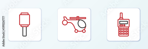 Set line Walkie talkie, Anti-tank hand grenade and Helicopter icon. Vector