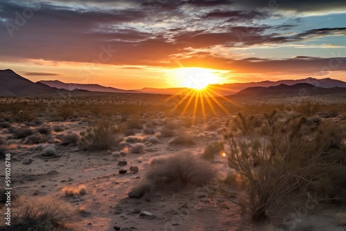 desert sunrise, with the sun peeking over the horizon, illuminating a dramatic and colorful sky, created with generative ai