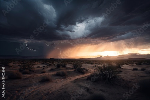 desert storm with dark clouds and lightning  in the background of a setting sun  created with generative ai