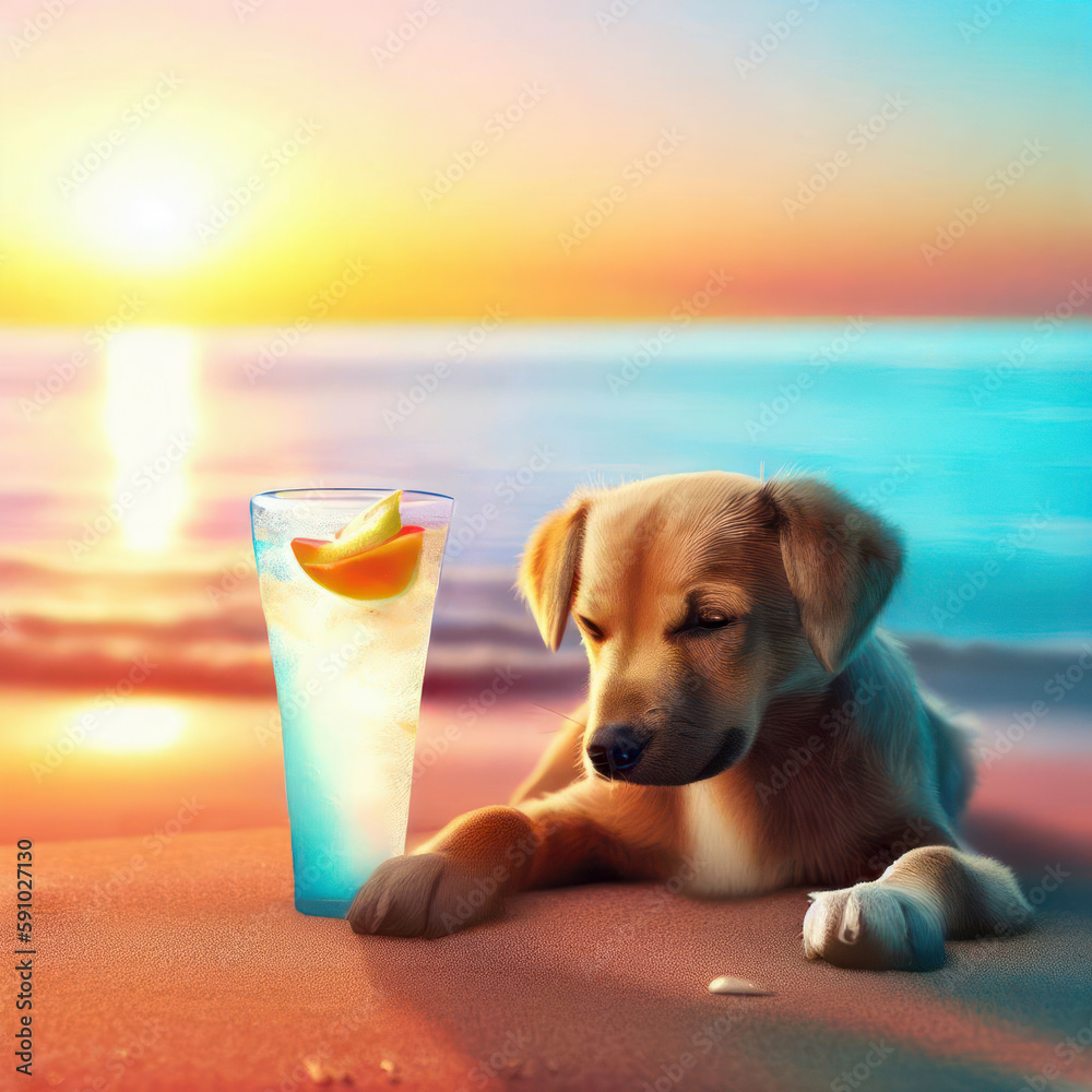 Cute puppy on a beach by the sea with a cocktail at sunset, generative ...