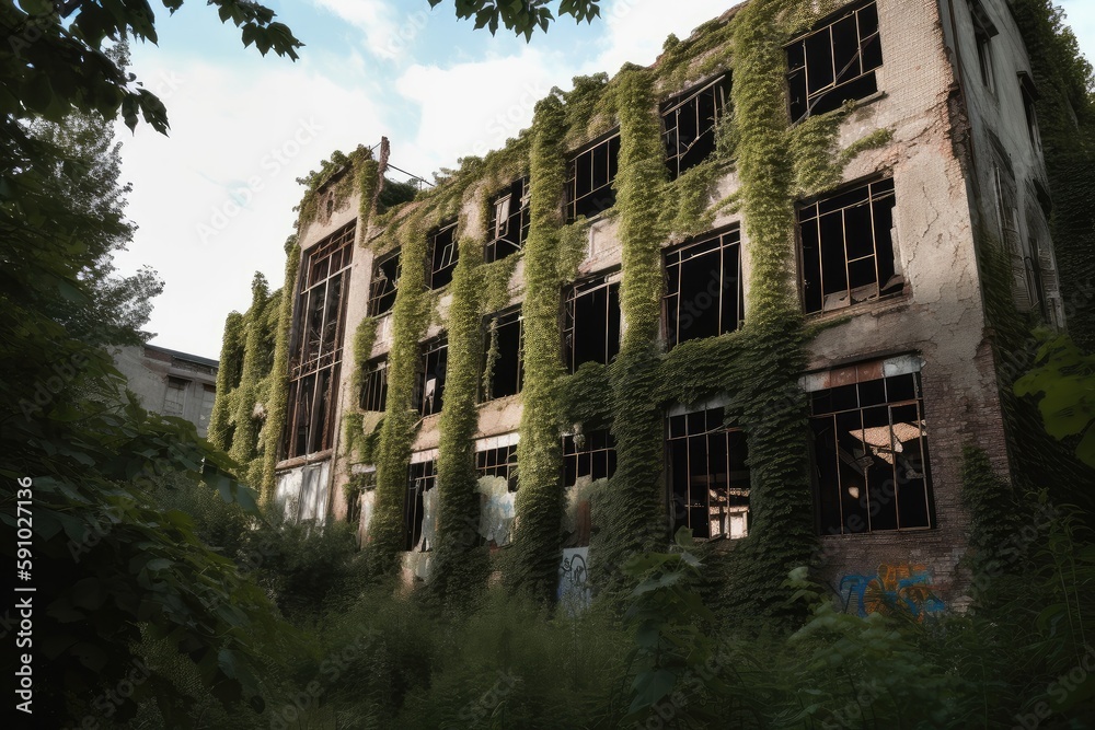 ruined factory with broken windows and crumbling walls, surrounded by overgrown greenery, created with generative ai
