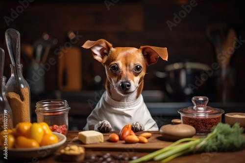 dog chef, mixing up fresh and creative mixture of ingredients for new recipe, created with generative ai