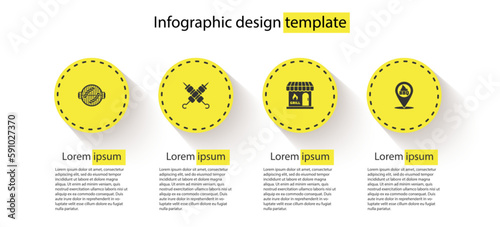 Set Barbecue grill with sausage, Grilled shish kebab, shopping building and Location barbecue. Business infographic template. Vector