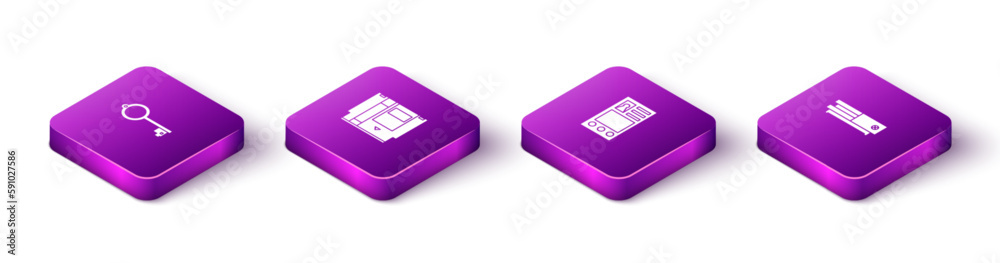 Set Isometric Ancient key for game, Cartridge, Create account screen and Video console icon. Vector