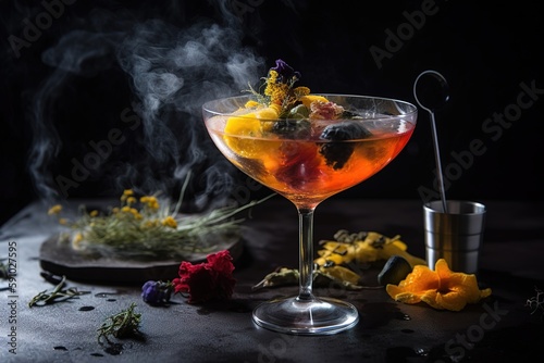 Fototapeta Naklejka Na Ścianę i Meble -  Molecular mixology presentation, capturing an innovative, experimental cocktail with unique ingredients. Generative AI.