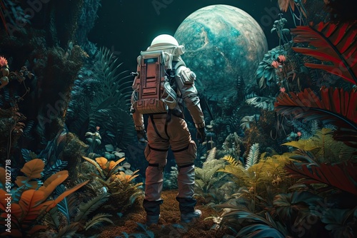 intergalactic traveler exploring unknown planet, surrounded by strange and foreign flora and fauna, created with generative ai