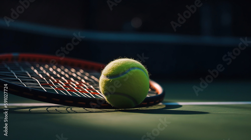 Tennis balls and racket on the grass court. Generative AI technology