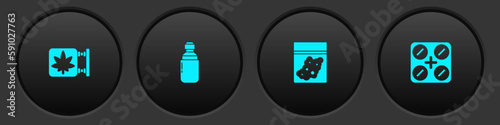 Set Marijuana and cannabis store, olive oil, Plastic bag of and Medical pills with marijuana icon. Vector