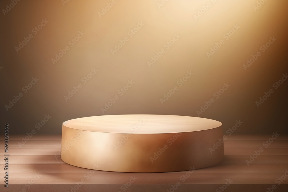 Golden podium on wood pattern. Black background with golden light. Generative AI Golden podium on wood pattern. Black background with golden light. Generative AI