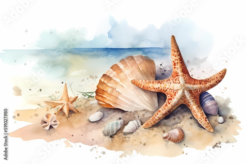 Starfish and shells on the beach. Watercolor. AI generation