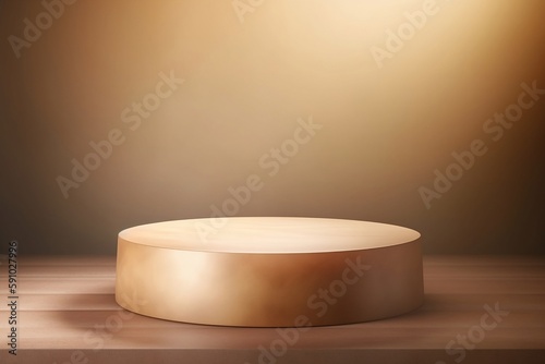 Golden podium on wood pattern. Black background with golden light. Generative AI