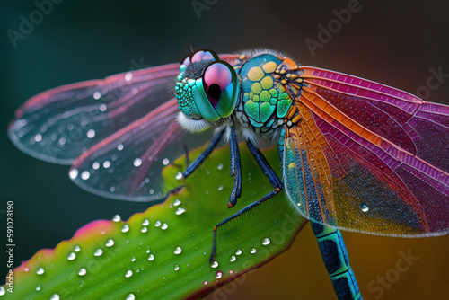 A stunning dragonfly with delicate wings perched on a green leaf. The macro shot of beautiful insect's body and bright color against the background of drops of water. Generative AI © Postproduction