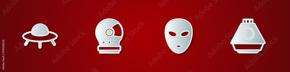 Set UFO flying spaceship, Astronaut helmet, Alien and Space capsule icon. Vector Set UFO flying spaceship, Astronaut helmet, Alien and Space capsule icon. Vector