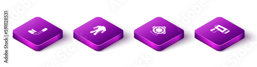 Set Isometric Snorkel, Wetsuit for scuba diving, Aqualung and Flashlight diver icon. Vector