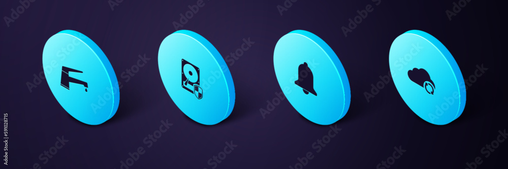Set Isometric Cloud sync refresh, Ringing bell, Hard disk drive HDD protection and Water tap icon. Vector Set Isometric Cloud sync refresh, Ringing bell, Hard disk drive HDD protection and Water tap icon. Vector