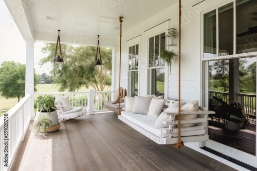 Fényképezés modern farmhouse with sun-drenched porch and swing, created with generative ai