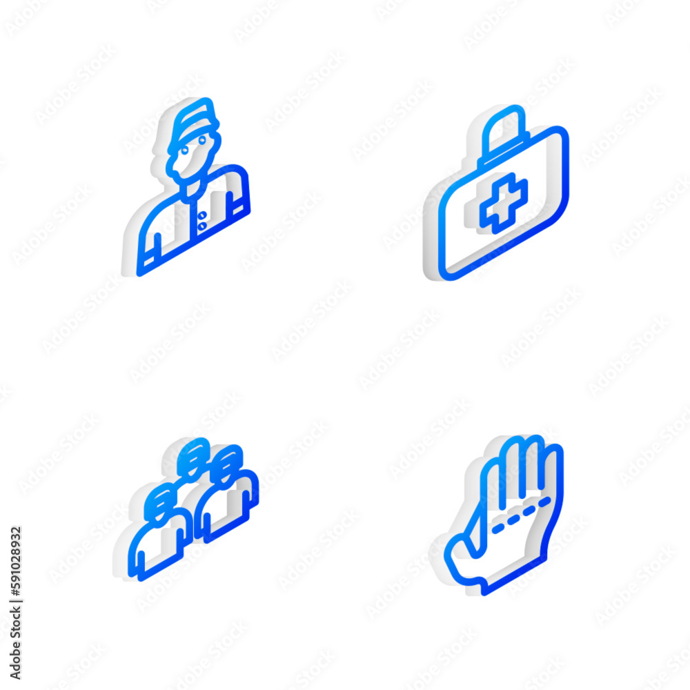 Set Isometric line First aid kit, Baseball player, Team of baseball players and glove icon. Vector Set Isometric line First aid kit, Baseball player, Team of baseball players and glove icon. Vector