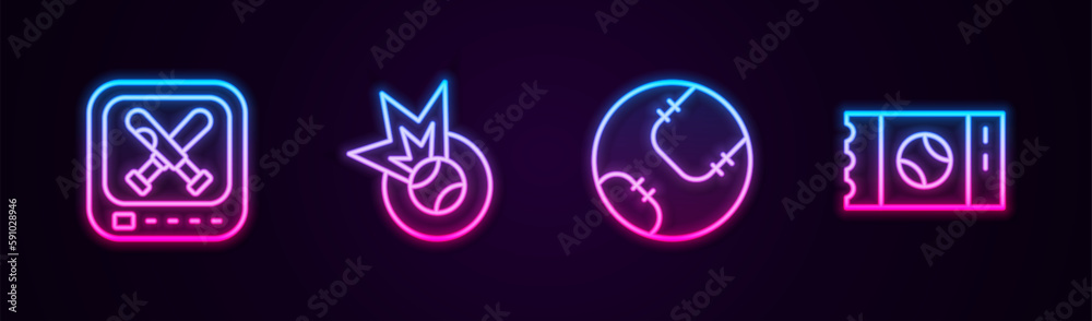 Set line Monitor with baseball game, Baseball, and ticket. Glowing neon icon. Vector Set line Monitor with baseball game, Baseball, and ticket. Glowing neon icon. Vector