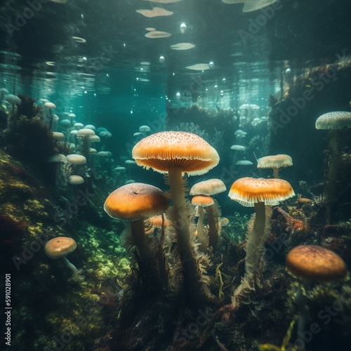 Mystery mushrooms in a deep ocean water, Generative AI